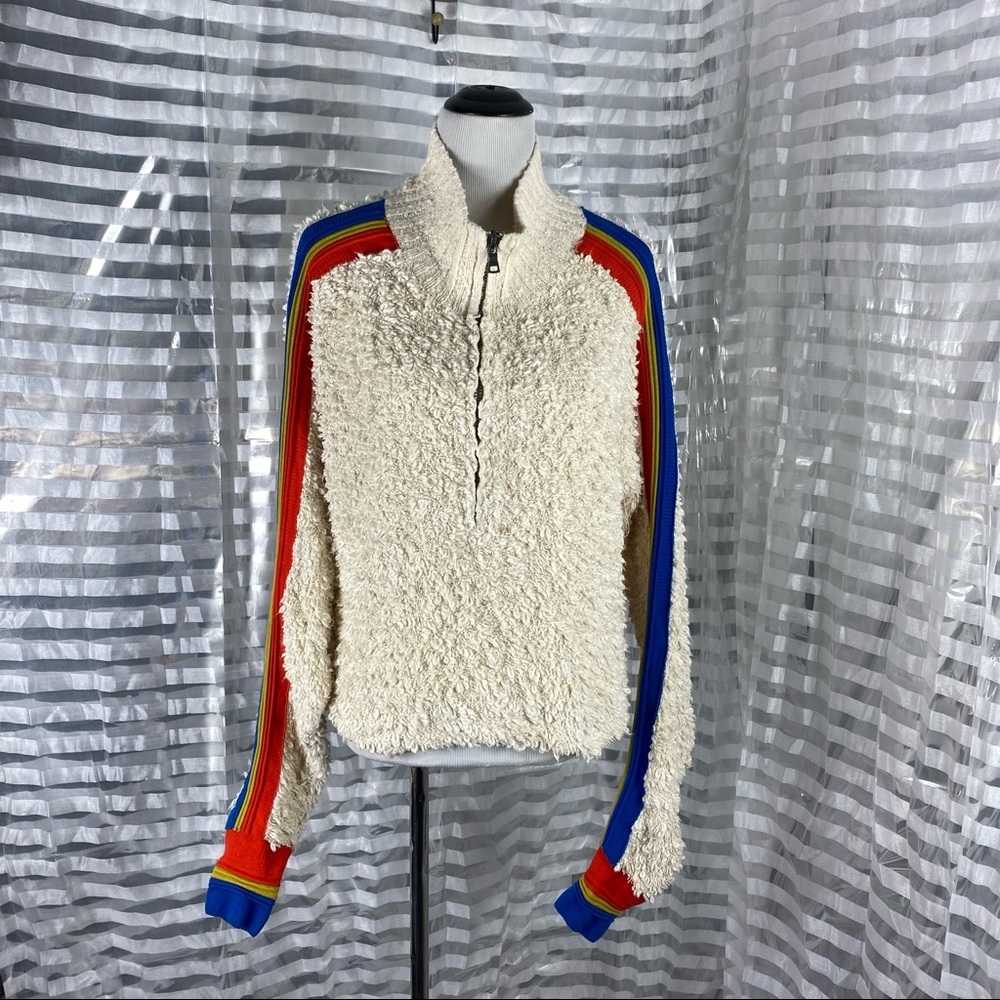 Free People Teddy Cream Striped Zip Up Sweater